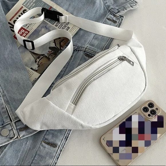 💙Corduroy White Double Pockets Release Buckle Adjustable Strap Fanny Pack - Picture 5 of 6